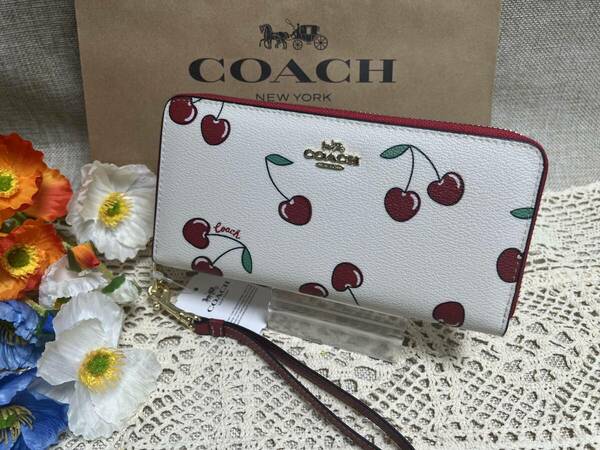 コーチ COACH 長財布 財布 ロング ジップ アラウンド ウォレット ハート チェリー プリント さくらんぼ 柄 チョーク マルチ CF406 A163