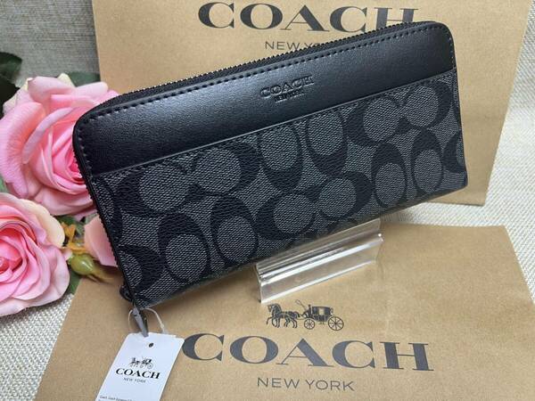 コーチCOACH 長財布 財布 シグネチャー チャコール×ブラック ラウンドファスナー プレゼント 贈り物 ギフト メンズ 新品 F75000 A190