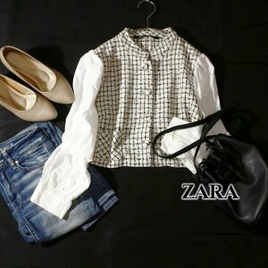 美品 ザラ ZARA 可愛い コットン切り替え ライトツイード ジャケット M 春 合服 24C04