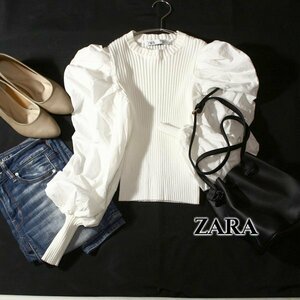 美品 ザラ ZARA 可愛いタック・ギャザースリーブ リブストレッチ プルオーバー S 春 夏 24C04