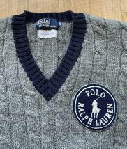 良品　90s　Polo by Ralph Lauren　ラルフローレン　Vネック　ケーブル編み　ニット　セーター　メンズ　Mサイズ　刺繍　ワッペン　正規品_画像4