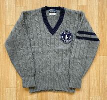 良品　90s　Polo by Ralph Lauren　ラルフローレン　Vネック　ケーブル編み　ニット　セーター　メンズ　Mサイズ　刺繍　ワッペン　正規品_画像1