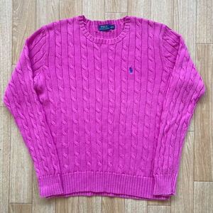  beautiful goods POLO RALPH LAUREN Ralph Lauren knitting cable braided cotton knitted sweater Pink Lady -sL size embroidery Logo 