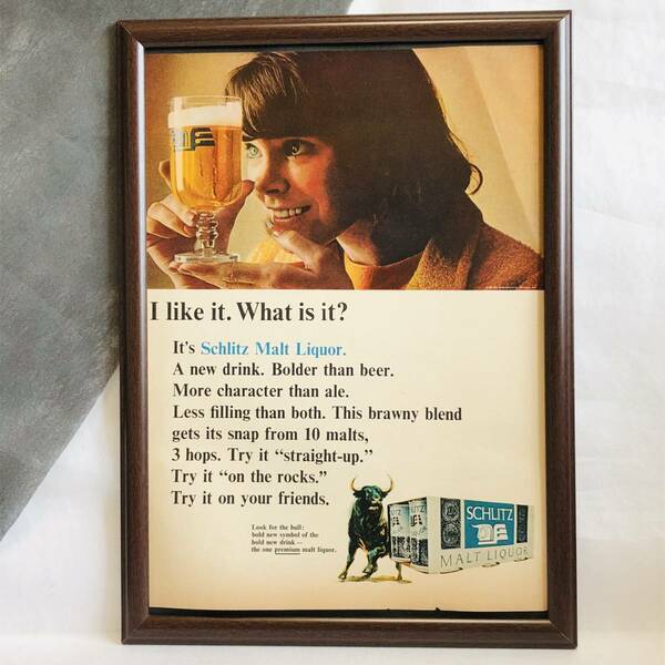『 シェリッツ　ビール 』ビンテージ 広告　60年代　フレーム 付 ポスター 当時物 額付 LIFE 雑誌 アンティーク SCHLITZ