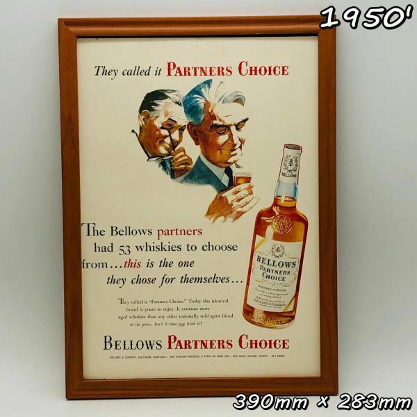 ビンテージ 広告　ポスター フレーム付　当時物　『 ベローズ ウイスキー 』 1950's　 輸入雑貨　 ( AZ1711 )