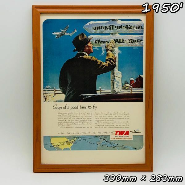 ビンテージ 広告　ポスター フレーム付　当時物　『 TWA 』 1950's　 輸入雑貨　 ( AZ1706 )