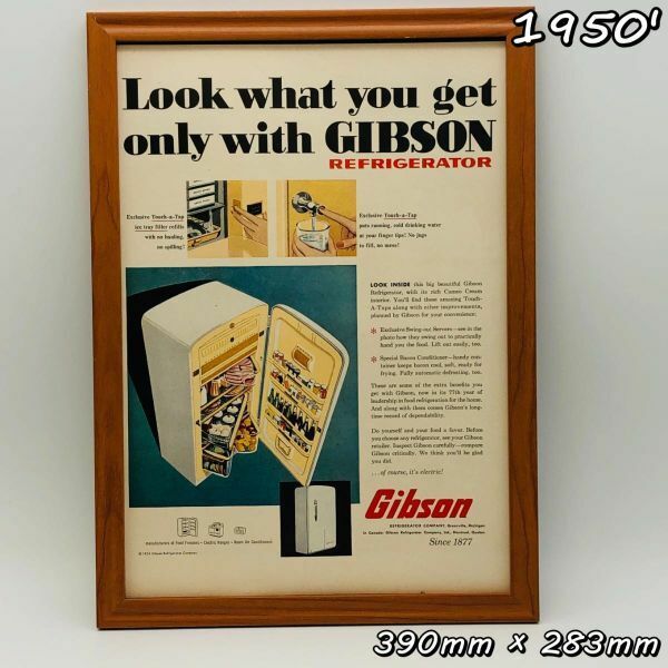 ビンテージ 広告　ポスター フレーム付　当時物　『 ギブソン 冷蔵庫 』 1950's　 輸入雑貨　 ( AZ1689 )