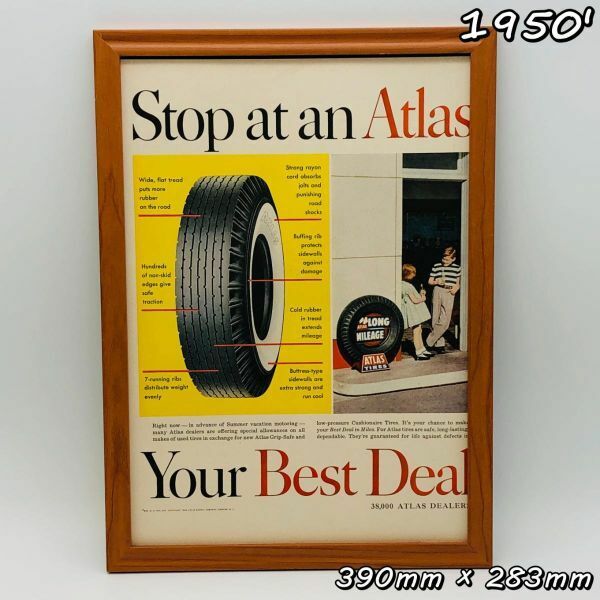 ビンテージ 広告　ポスター フレーム付　当時物　『 アトラス タイヤ 』 1950's　 輸入雑貨　 ( AZ1682 )
