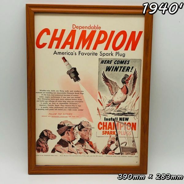 ビンテージ 広告　ポスター フレーム付　当時物　『 チャンピオンプラグ 』 1940's　 輸入雑貨　 ( AZ1569 )