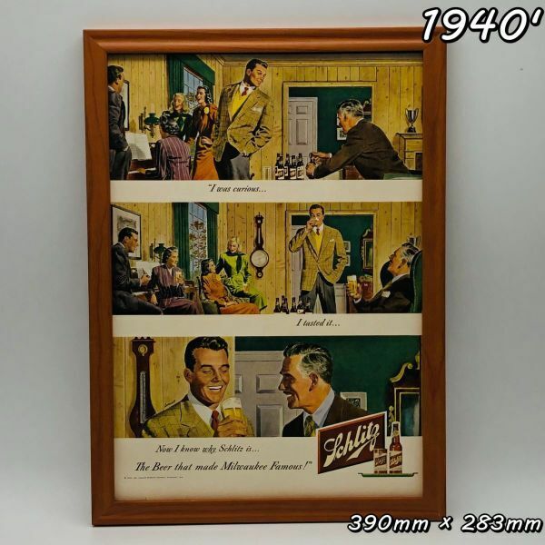 ビンテージ 広告　ポスター フレーム付　当時物　『 シュリッツ　ビール 』 1940's　 輸入雑貨　 ( AZ1558 )