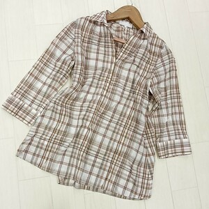 A ×【商品ランク:B】ジユウク 自由区 キュプラ混 七分袖 チェック柄 シャツ size40 レディース トップス 婦人服 ブラウン 茶色系