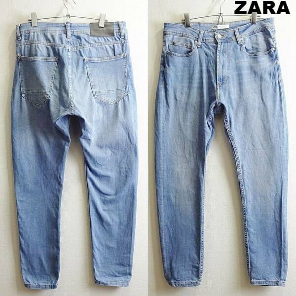 即決★ 送料無★ ZARA　スリムテーパードデニム　W86cm　強ストレッチ　ハイライズ　明青　モロッコ製　Sz.34　ザラ　H166