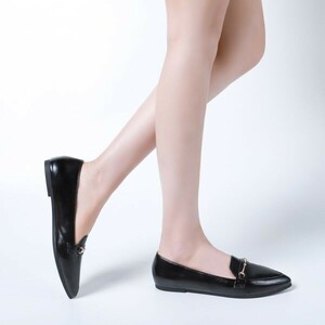  outlet lady's pumps black smooth 24.0cm low heel Flat pumps po Inte dotu ballet shoes 20442