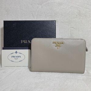 PRADA プラダ サフィアーノレザー　コンタクトウォレット　二つ折り財布　L字　グレー