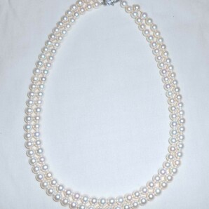 パール2連ネックレス 糸切れ 玉径約6.0-6.5mm 長さ約40cm 重量約47g 本真珠 あこや真珠 SILVER留め具 栄計商会の画像1