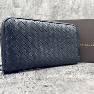 『定価9万円』付属品完備極美品 ボッテガヴェネタ BOTTEGAVENETA　ラウンドファスナー イントレチャート ネイビー　オールレザー