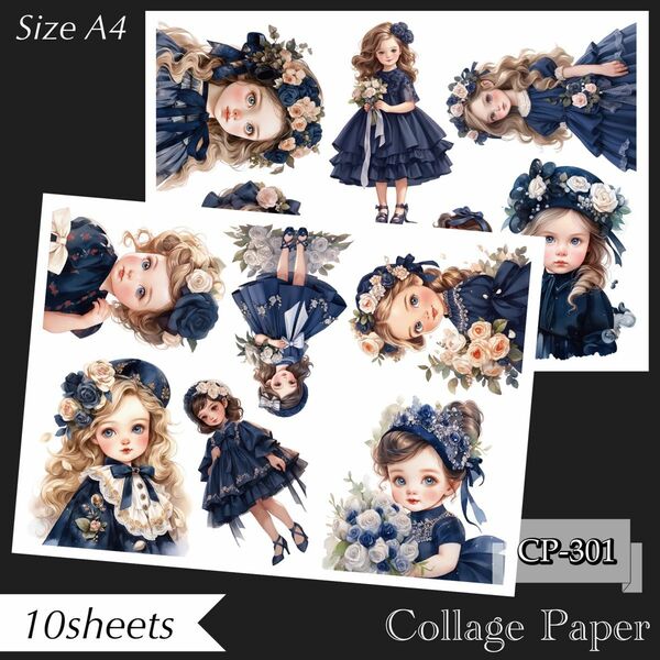 ハンドメイド Navy Blue Little Girl 素材シート コラージュ 10枚