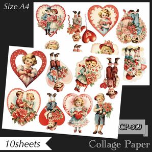 ハンドメイド Vintage Valentines Kids 素材シート コラージュ 10枚