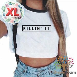 ショート丈 デザインプリントTシャツ KI 【XL】 Tシャツ トップス