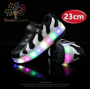光る☆LED ライトアップスニーカー&ローラーシューズ 一体型 【K-163ブラック 23cm】夜間 スケート靴 反射材 ジョギング 自転車