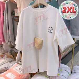 ユルっと可愛い！スマイル ビッグTシャツ 【ホワイト 2XL】 大きいサイズ キャラ 半袖 K-314