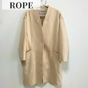 ROPE ノーカラー コート M スプリング コート ピンク 春色 大きいサイズ コート ノーカラーコート ロングコート ベージュ