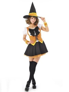 奉仕品 ウィッチレディマーガレット 魔女 ハロウィン 仮装 コスプレ 衣装 黒 オレンジ 大人用 返品不可