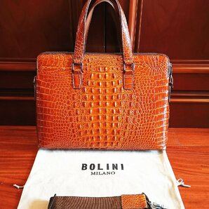 最高級逸品20万◆イタリア・ミラノ発*BOLINI/ボリニ・最上級牛革・クロコダイル*ビジネスバック/ブリーフケース・黄色いの画像1