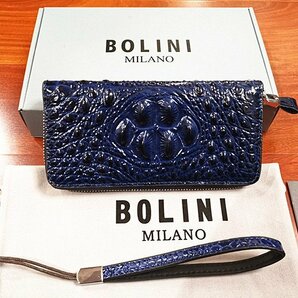 逸品*イタリア製※定価15万◆イタリア・ミラノ発*BOLINI/ボリニ・最上級牛革・クロコダイル*ラウンドファスナー 長財布・紺の画像1