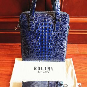 最上級逸品※定価18万◆イタリア・ミラノ発*BOLINI/ボリニ・最上級牛革・クロコダイル*トートバッグ/紺の画像7