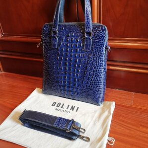 最上級逸品※定価18万◆イタリア・ミラノ発*BOLINI/ボリニ・最上級牛革・クロコダイル*トートバッグ/紺の画像3