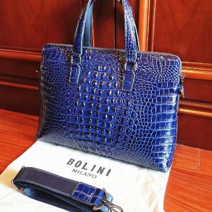 最高級逸品20万◆イタリア・ミラノ発*BOLINI/ボリニ・最上級牛革・クロコダイル*ビジネスバック/ブリーフケース・紺の画像2