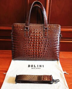 最高級逸品20万◆イタリア・ミラノ発*BOLINI/ボリニ・最上級牛革・クロコダイル*ビジネスバック/ブリーフケース・茶色