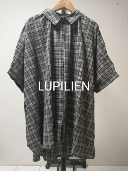 ☆LUPILIEN 新品タグ 秋春生地 日本企画 麻 50％ 綿50 チェックチュニック丈 生地 たっぷり 大きい 5分袖 Fー大きいサイズモカブラウン系