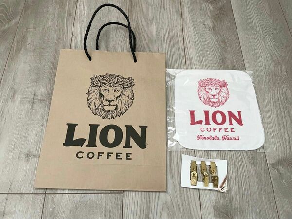 ライオンコーヒー LION coffee 紙袋 ショップ袋 クリップ ハンドタオル 白 ホワイト ハワイ 限定品 非売品 レア商品