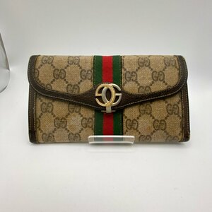 1円～　A-4　60　GUCCI　グッチ　長財布　ロングウォレット　GG柄　GGスプリーム　ヴィンテージ　がま口　クリップ型　ブラウン系