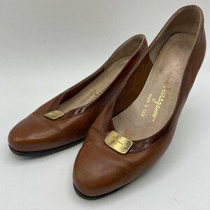 1円～　A-4　60　Salvatore Ferragamo フェラガモ　パンプス　　ブラウン　サイズ5 1/2　レザー　ゴールド