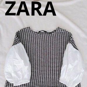 ZARA　ザラ　 プルオーバー ブラウス パフスリーブ トップス カットソー　春夏　千鳥格子　フリンジ