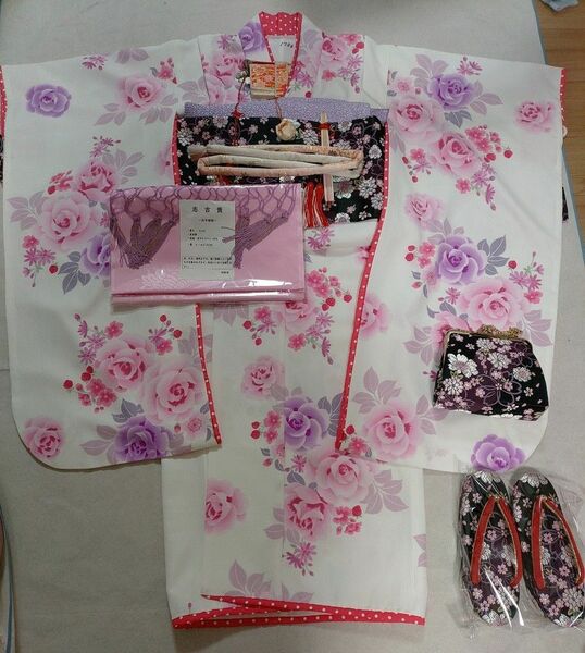 7歳七五三祝着物化繊フルセット松田聖子薄紫藤色ピンク濃紫桜作り帯はこせこ