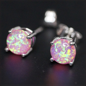 [EARRING] Silver Plated Pink Fire Opal ハイクオリティ φ6mm ラウンド ピンク ファイア オパール シルバー スタッド ピアス