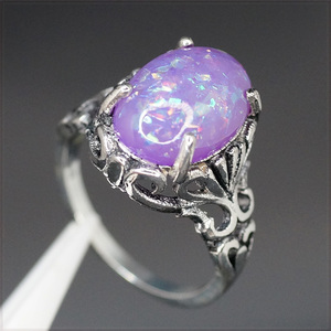 [RING] Fire Opal Oval Stone 14mm ファイヤー オパール オーバル パープル 紫 楕円 ストーン アンティーク デザイン シルバー リング 14号