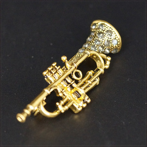 [BROOCH] Gold & Crystal CZ Trumpet 金管楽器 吹奏楽 ブラスバンド トランペット ラッパ 4.5cm メタル ゴールド ブローチの画像2