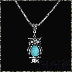 [PENDANT NECKLACE] ヴィンテージ チベット シルバー ターコイズ ストーン クリスタルCZ EYES フクロウ ミミズク ペンダント ネックレス