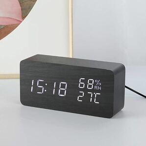 目覚まし時計 木目調 LEDデジタル 木製時計 音声感知 温度計 目覚まし時計 メモリー機能 USB給電