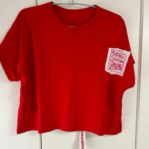 Tシャツ 半袖 半袖Tシャツ トップス 赤 クロップド丈 ダメージ加工