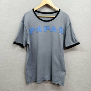 D542 PAPAS パパス 半袖 Tシャツ 50 L ブルー系 フロント バック ロゴ プリント トリム プルオーバー クルーネック リンガーT 古着