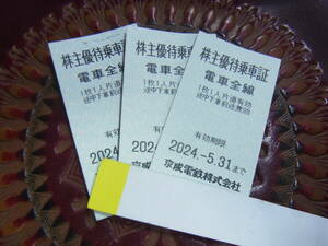 1円～ 京成電鉄 株主優待乗車証 電車全線 3枚セット 有効期限:2024年5月31日まで 【ゆうパケット送料無料】