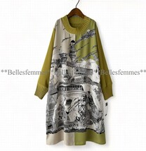 ★Belles*★新品★送料185円*春の華やかパネル柄*襟と袖口が上品なプリーツ*膝丈チュニックワンピース*94012マスタード*ゆったりM～Lミセス_画像6