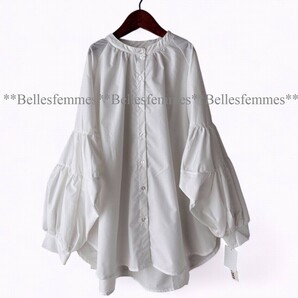 ★新品★*送料185円★*トレンド感のボリューム袖*バンドカラー*ポワン袖チュニックブラウス*★Belles*611オフホワイト*M～L*ベストインナーの画像4