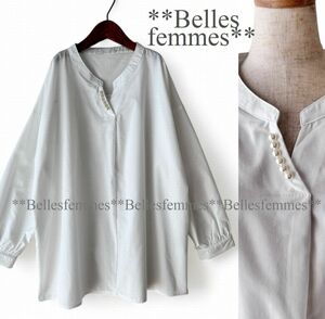 * postage 185 jpy * new goods *M~L* pearl . charming! soft Silhouette tunic * cotton 100%* stand-up collar * band color tunic *180927 white 